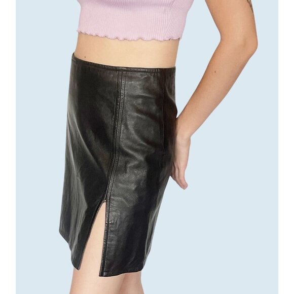 Vintage VERA PELLE Black Faux Leather Mini Skirt Punk Goth Size 26 / 2 - Picture 2 of 8